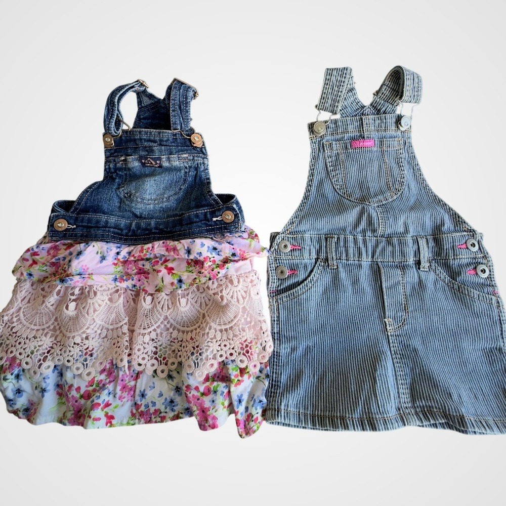 Jordache Bundle Overalls Set Blue Pink Floral Ruffle Pinstripe Cottagecore 2T